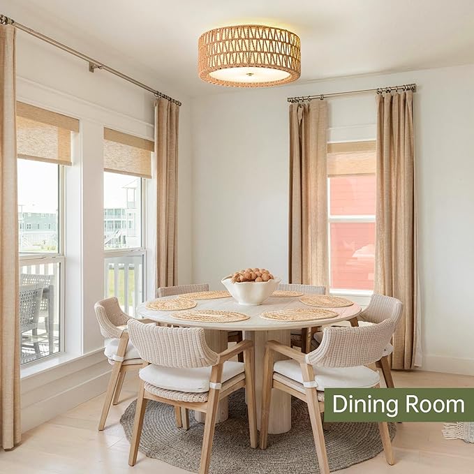 Boho Rattan Ceiling Light 15.7" Flush Mount Ceiling Light 3-Light Rattan Light Fixture, Bohemian Semi Flush Mount Ceiling Light Bedroom Ceiling Light for Dining Room Hallway Entryway Foyer