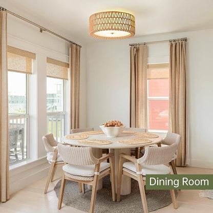 Boho Rattan Ceiling Light 15.7" Flush Mount Ceiling Light 3-Light Rattan Light Fixture, Bohemian Semi Flush Mount Ceiling Light Bedroom Ceiling Light for Dining Room Hallway Entryway Foyer