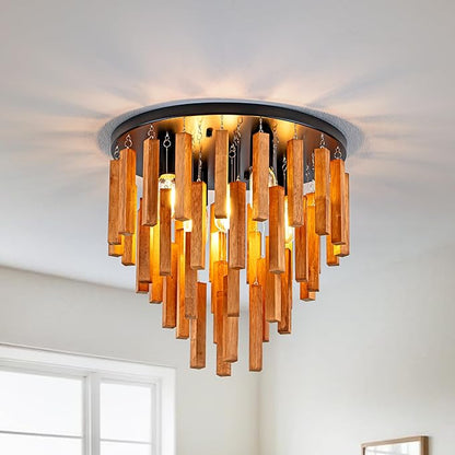 16.6" Farmhouse Ceiling Light, 5-Light Wood Chandelier, Rustic Light Fixture with Wood and Black Metal Finish, Farmhouse Semi Flush Chandelier for Bedroom, Hallway, Entryway, Kitchen