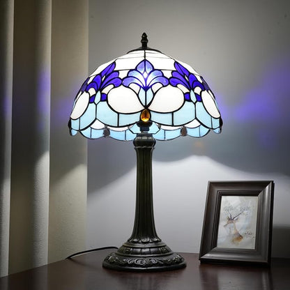 Tiffany Style Table Lamp with Blue Iris Stained Glass Lamp 12 Inch Retro Bronze Base Bedside Lamp Living Rooms, Offices, Hotel，Coffee Shop European Style Decorative Ambient Light Bedside Lamp