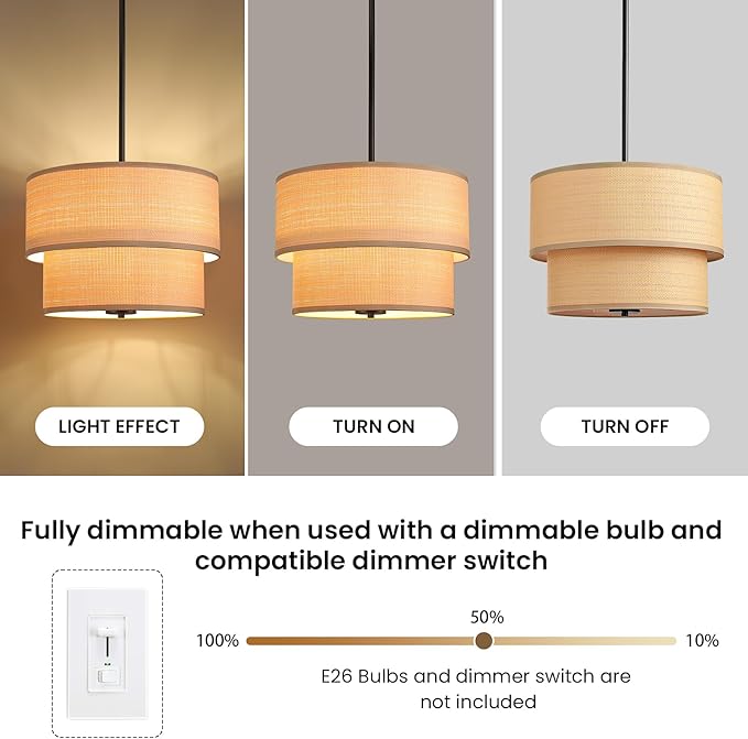 RUIYEY Rattan Chandelier Light Fixtures: 17 inch Large Boho Pendant Lights with Wicker Lampshade, E12 5 Lights Height Adjustable Hand Woven Drum Chandeliers for Dining Room Kitchen Living Room