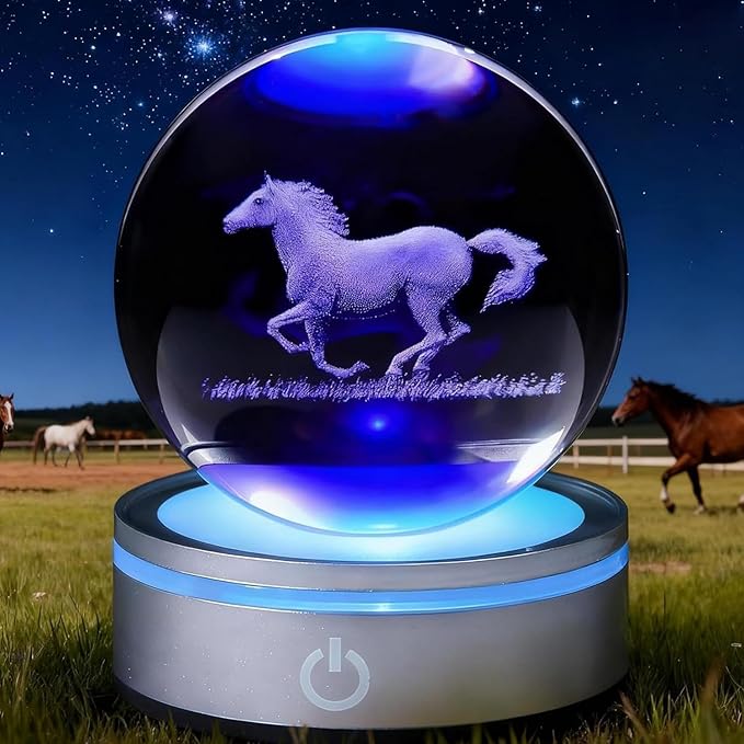 Horse Crystal Night Light,Horse Gifts, K9 3.15 Inch (80mm) Crystal Ball Night Light with 16 Colors Remote Upgraded Lamp for Birthday Xmas Cool Figurines Gifts for Room Decor Boys Girls