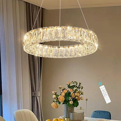 HAIXIANG Modern Crystal Chandelier Dimmable LED 16 Inch Ring Pendant Lights Adjustable Glam Chandeliers Lighting Fixtures for Dining Room Living Room Bedroom Silver Light