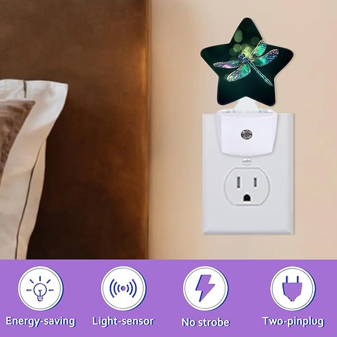 Glitter Dragonfly Night Lights Plug Into Wall,Green Dusk to Dawn Light Sensor Night Light for Kids, Energy Efficient Sleep Friendly Lamp for Bedroom Bathroom Nursery
