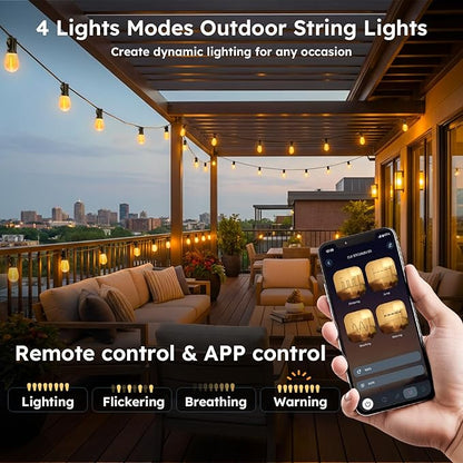 GvvooHome 50FT Outdoor String Light with S11 Plastic Bulbs, Low-Voltage LED Patio Lights with App & Remote, Music Sync, 4 Lighting Modes, Dimmable & Waterproof for Backyard, Porch, Garden, Deck, Party