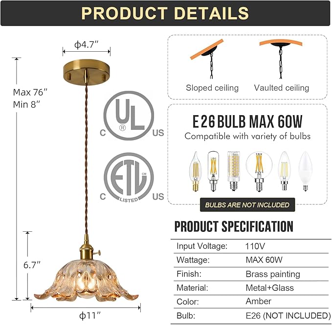 Amber Glass Pendant Light Fixtures,Vintage/Antique Champagne Gold Pendant Lights Kitchen Island Over Sink/Table,Orange Pendant Glass Chandelier for Bedroom Hotel Dining Room Hanging Down