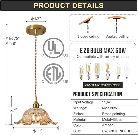 Amber Glass Pendant Light Fixtures,Vintage/Antique Champagne Gold Pendant Lights Kitchen Island Over Sink/Table,Orange Pendant Glass Chandelier for Bedroom Hotel Dining Room Hanging Down