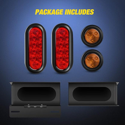 Nilight 2PCS Steel Trailer Light Boxes Housing Kit w/ 6Inch Oval Red Tail Lights 2 Inch Round Amber Side Marker 3LED License Plate Lighting w/Grommet Plugs