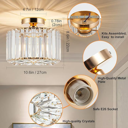 HOPGGIE 10.6 Inch Gold Chandelier Flush Mount Ceiling Light Mini Small Crystal Chandeliers Modern Hallway Light Fixtures Ceiling for Entryway Bedroom Bathroom Kitchen