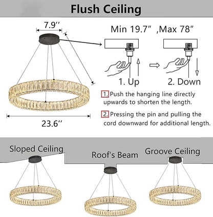 HAIXIANG Modern Crystal Chandelier Dimmable LED Ring Pendant Lights Adjustable Glam Chandeliers Lighting Fixtures for Dining Room Living Room Bedroom Black Light