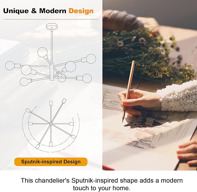 30" Modern Chandelier Ceiling Light Fixture, 8-Light Sputnik Chandeliers Brown and Gold Mid Century Chandelier Over Table, Height Adjustable Chandeliers for Dining Room Kitchen (Bulbs Not Included)