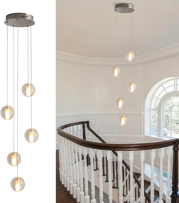 5 Lights Foyer Chandeliers for High Ceilings Raindrop Crystal Ball Chandelier Dimmable LED Entryway Pendant Light Hanging for Dining Room Kitchen Island Hallway, Include Bulbs (Nickel)