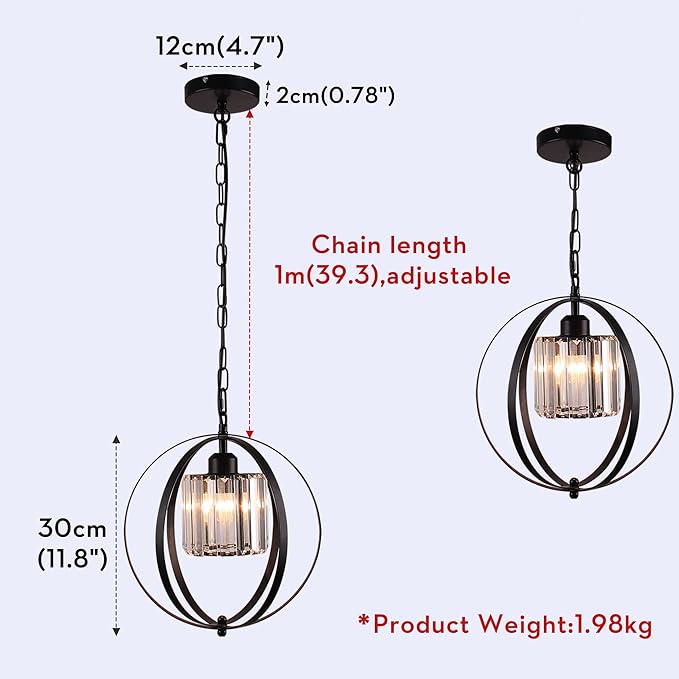 FRIXCHUR Farmhouse Chandelier Crystal Pendant Light Adjustable Hanging Light Fixtures Orb Globe Chandeliers for Kitchen Island Dining Room Foyer Bedroom (Black)