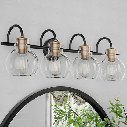 4 Light Bathroom Light, Black and Red Copper Bathroom Vanity Fixtures Over Mirror, Modern Copper Vanity Light with Clear Glass Shade, Black Wall Sconce for Bathroom, Bedroom