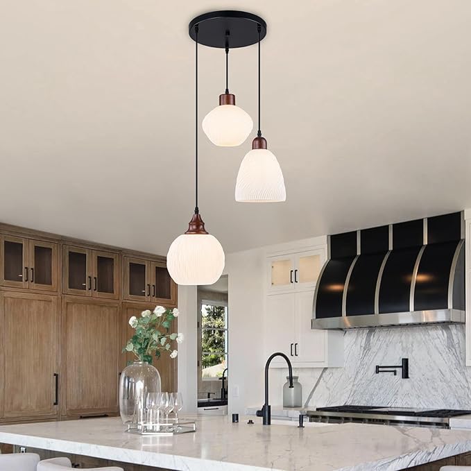 Cluster Pendant Lights for Kitchen Island, 3-Light Pendant Light Fixtures with 3D Printed Ribbed Shade, Adjustable Hanging Pendant Light for Dining Room