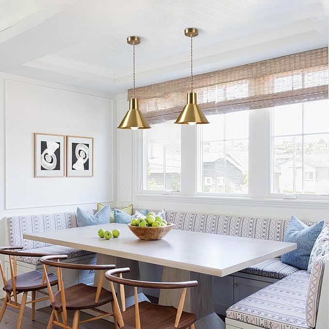 KCO Lighting Gold Cone Pendant Light Mini Barn Pendant Light Fixtures Modern Brass Pendant Lights Kitchen Island Set of 2 Vintage Industrial Ceiling Hanging Light for Dining Room Living Room 2 Pack