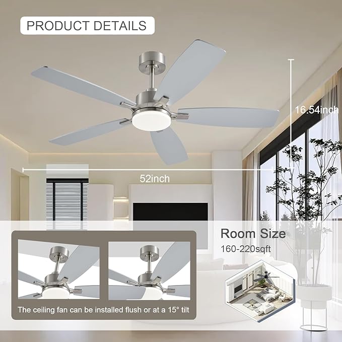 NKPU Ceiling Fans with Lights, 52 Inch Low Profile Ceiling Fan with Light and Remote Control, 2 Downrods, DC Reversible Motor, Dimmable LED Ceiling Fans for Bedroom,Indoor/Outdoor Patio Use（Nickel）