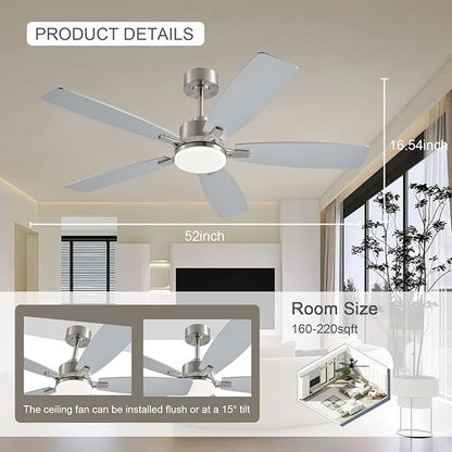 NKPU Ceiling Fans with Lights, 52 Inch Low Profile Ceiling Fan with Light and Remote Control, 2 Downrods, DC Reversible Motor, Dimmable LED Ceiling Fans for Bedroom,Indoor/Outdoor Patio Use（Nickel）