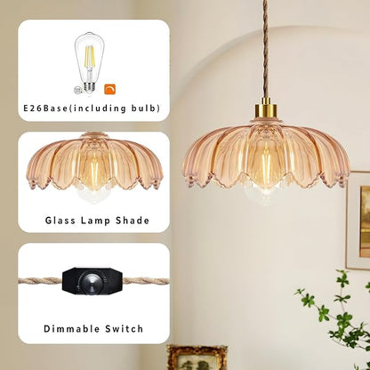 QIYIZM Plug in Pendant Light Hanging Lights with in Cord Mid Century Modern Gold Hanging Lamp Flower Glass Amber Vintage Dimmable Chandelier Ceiling Fixture for Living Room,Kitchen,Boho