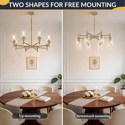 Farmhouse Chandeliers for Dining Room Light Fixture | 8 Light Rustic Chandeliers Over Table | Fake Wood Hanging Lighting with Clear Glass Cover for Living Room | Kitchen Island | Entryway | Bathroom