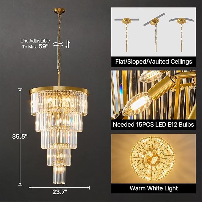 High Ceiling Chandelier Crystal Modern: 24" 5-Tiered Dimmable Staircase Chandeliers - Large Long Gold Hanging Pendant Light Fixture For Entryway Foyer Living Room - Round Flush Mount Ceilings Lights