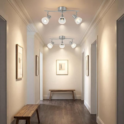 3-Light Nickel-Finish Track Lighting Fixture with Adjustable Directional Heads and Frosted Glass Shades – Ideal for Kitchen, Hallway, Living Room & Bathroom Vanity Lighting (Bulbs Not Included)