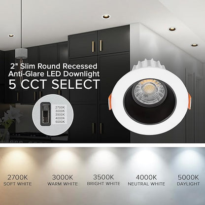 Maxxima 2 in. Ultra-Thin Recessed Anti-Glare LED Downlight - Canless IC Rated, 5 Color Temperature Selectable 2700K/3000K/3500K/4000K/5000K, Dimmable Round White Trim Black Baffle, 90 CRI