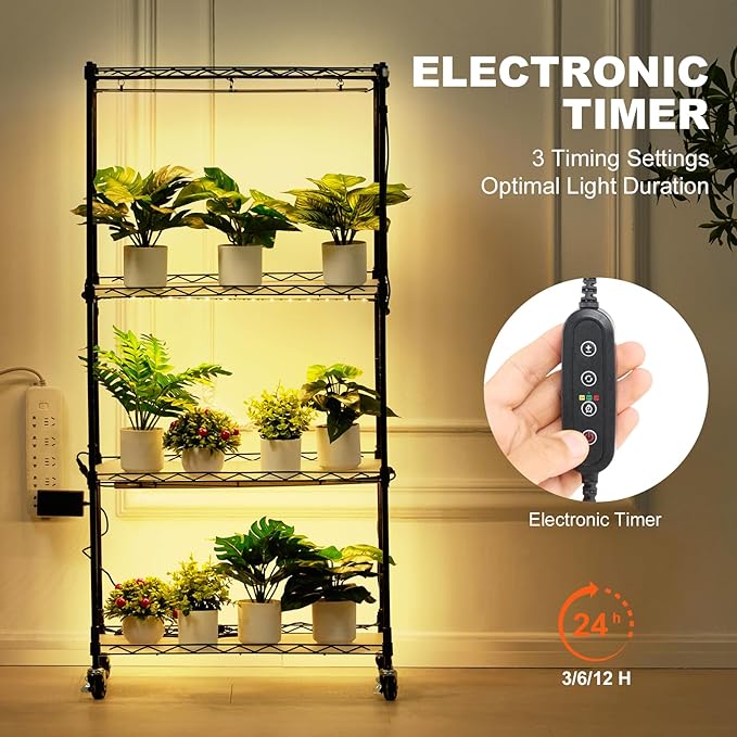 VEVOR Plant Stand with Grow Light, 4-Tier Plant Shelfwith 45W Full Spectrum LED, 3 Mode Plant Light with Timer and Wheel for Seed Starting, Metal Plant Rack for Indoor Plants