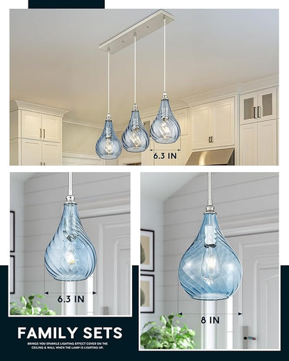 TENGXIN 8 Inch Hanging Light for Kitchen Island,Kitchen Pendant Lighting Over Island,Brushed Nickel Finished Blue Glass Pendant Light,Farmhouse Pendant Light for Dining Room,TXPLBN13-L