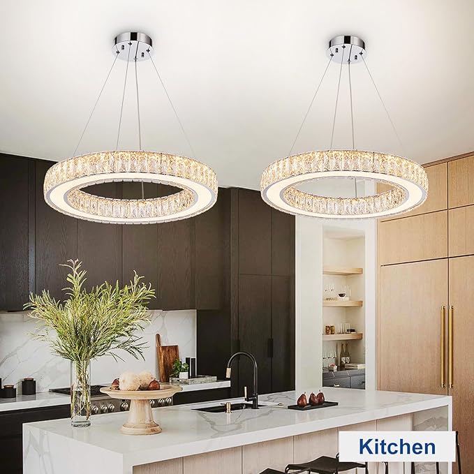 Depuley Modern LED Crystal Chandeliers: 23.6" Ring Chandelier Hanging Crystal Ceiling Light Fixture - 50W Adjustable Height Pendant Light for Living Room Dining Room Bedroom Foyer