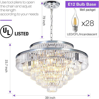 Crystal Chandeliers Modern Style Chrome 39 inch & Lights Round Hanging Classic Pendant Ceiling Chandelier Lighting Fixture 7-Tier for Dining Room Living Room