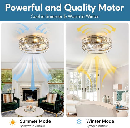 Caged Ceiling Fan with Light and Remote, Flush Mount Fan Lights Ceiling Fixture, Modern Bladeless 12 in 6 Speeds Fans with Lights for Kitchen, Bedroom, Living Room, Brushed Nickel