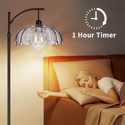 AHDWDW Arc Floor Lamps for Living Room with Remote,Black Dimmable Floor Lamp with Gray Glass Shade,Unique Vintage Flower Standing Tall Lamp,Modern Mid Century Floor Lamps for Bedroom Office Corner