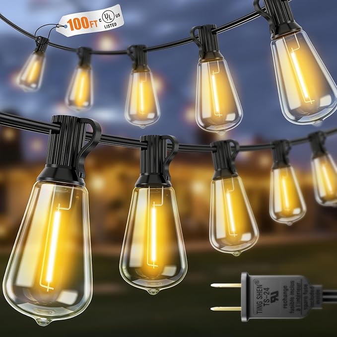 VOLIVO 100FT Outdoor String Lights for Patio, Waterproof Hanging Lights with 35+1 Shatterproof ST38 Edison Bulbs, Dimmable & Connectable Outside String Light for Backyard, Deck, Porch, Balcony