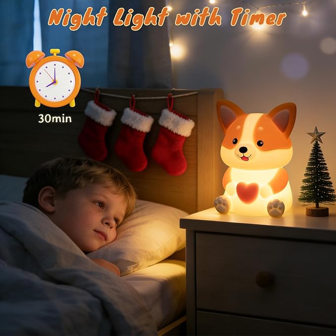 LED Dog Night Light for Kids, Cute Puppy Night Light with 3 Brightness Levels, Touch Dimmable Bedside Lamp with Timer, Squishy Rechargeable Silicone Animal Lamp for Boys Girls Nursery Room Decor (Dog)