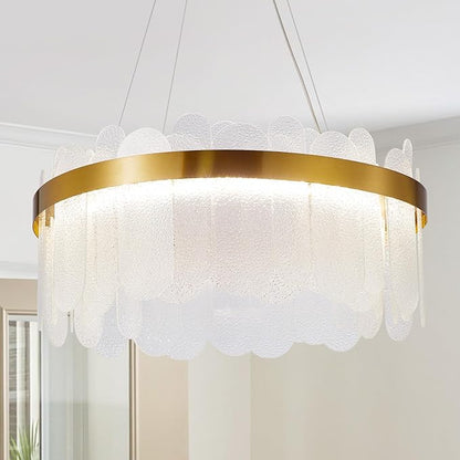 Depuley Modern Gold Glass Chandeliers: 23.6" Dimmable LED Chandeliers Light Fixture with Remote Control - 3 Colors Contemporary Pendant Ceiling Light for Dining Living Room Kitchen Island Foyer