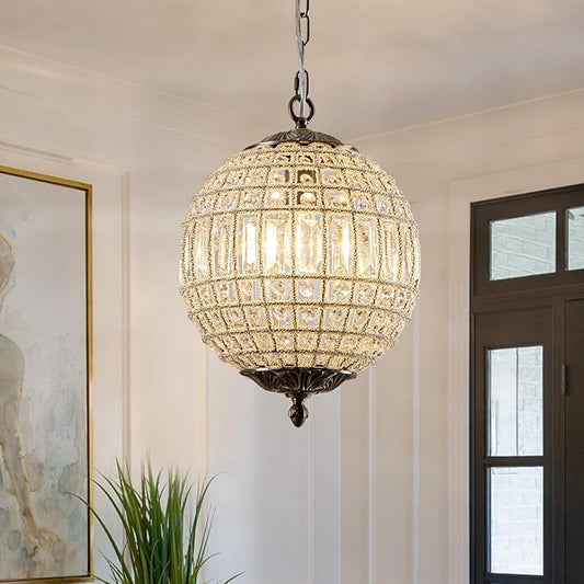 Crystal Globe Chandelier, 12" Vintage Sphere Chandelier Crystal Pendant Light Fixture for Dining Room Foyer Entryway Kitchen Island Antique Brass