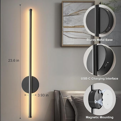 Battery Operated Modern Wall Sconces Set of Two,Rechargeable Wireless Wall Lights with Remote Control,Dimmable,3CCT,Timer,360°Rotation,Cordless Lighting for Bedroom,Living Room,Hallway,Black,23.6 Inch