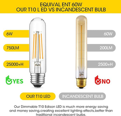 Gozelux Dimmable E26 Edison Bulb, AC120V Warm White 2700K Light Bulbs, 6W Equal 60 watt 750LM Tubular T10 LED for Rustic Pendant, Chandeliers, Wall Sconces,Vanity, Pack of 4