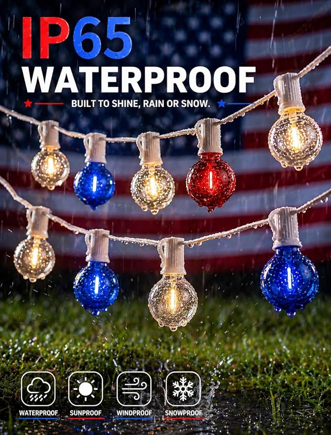 4th of July String Lights, 25FT Outdoor Patio Lights with 27 LED G40 Red White Blue Bulbs (2 Spare), Waterproof Connectable Lights for Patriotic Party Garden Decor