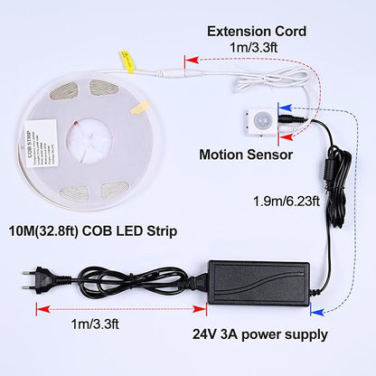 GOMING Motion Sensor COB LED Light Strip 32.8ft(10M) Cool White 6000K 3 Lighting Modes 3 Timing Off Modes 3 Brightness Modes with Power Adapter for Kitchen Cabinets Stair Showcase Bedroom Bed