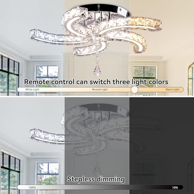 Finktonglan 19.7" Dimmable Crystal Semi Flush Mount Ceiling Light with Remote, 5-Light LED Modern Chandelier, K9 Crystal & Acrylic, 25W, 3000K–6500K Adjustable, Bedroom Living Room Dining
