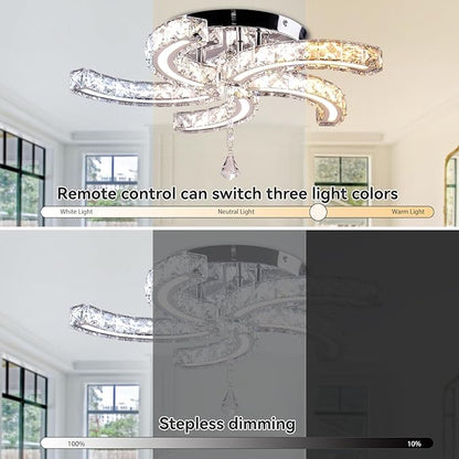 Finktonglan 19.7" Dimmable Crystal Semi Flush Mount Ceiling Light with Remote, 5-Light LED Modern Chandelier, K9 Crystal & Acrylic, 25W, 3000K–6500K Adjustable, Bedroom Living Room Dining