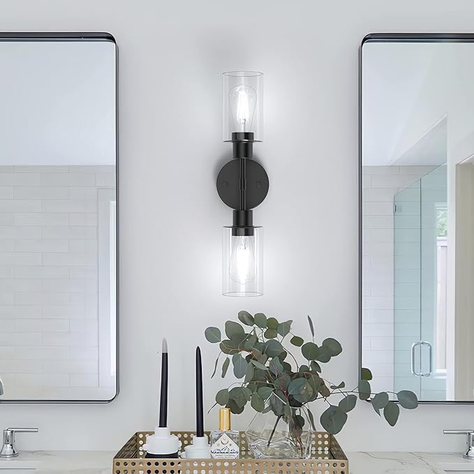 Bathroom Light Fixtures 2 Light Black, Bathroom Vanity Lights Over Mirror, Bathroom Sconces Wall Lighting，Farmhouse Matte Black Bathroom Vanity Light, Modern Vanity Lights with Clear Shades