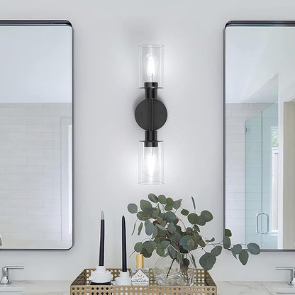 Bathroom Light Fixtures 2 Light Black, Bathroom Vanity Lights Over Mirror, Bathroom Sconces Wall Lighting，Farmhouse Matte Black Bathroom Vanity Light, Modern Vanity Lights with Clear Shades