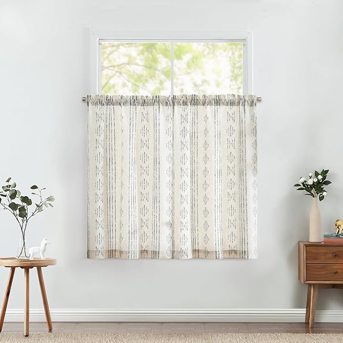 jinchan Boho Kitchen Curtains Linen Tier Curtains 45 Inches Bohemian Cafe Small Drapes Gray Striped Mudcloth Farmhouse for Bathroom RV Camper Light Filtering Rod Pocket 2 Panels Grey on Beige