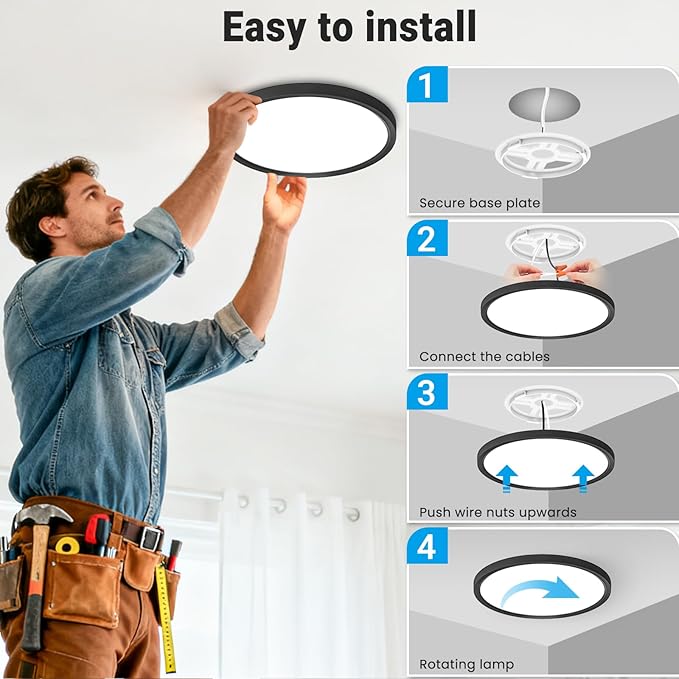 2 Pack LED Flush Mount Ceiling Light,7Inch 15W,3000K/3500K/4000K/5000K/6500K 5 Color Temperatures Ceiling Light Fixture for Kitchen Porch Hallway Bedroom Bathroom and Closet,Black