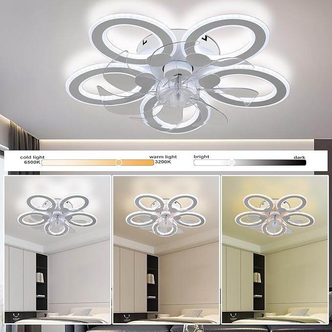 LED Ceiling Fan with Light Low Profile Ceiling Fan with Light White Flush Mount Fandelier 6 Speeds 3 Color Dimmable White Fan for Bedroom Kids Room Living Room