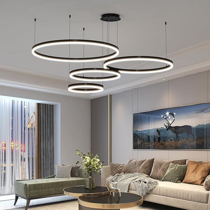 Mikeru Modern 4 Ring Chandelier Light, LED Pendant Light Fixtures with Remote Control 3000k-6500K Adjustable Color Temperature Light for Living Room, Kitchen (11.8+15.7+23.6IN+31.5in)