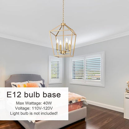 MELUCEE 4-Light Gold Farmhouse Chandelier Iron Lantern Pendant Light Rustic Cage Hanging Light Fixtures Industrial Foyer Lights for Kitchen Island Dining Room Hallway Foyer Entryway, E12 Base